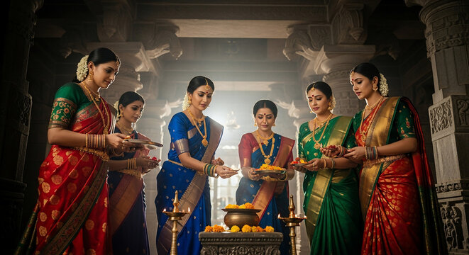Indian Women Wearing Sarees in Ceremony.