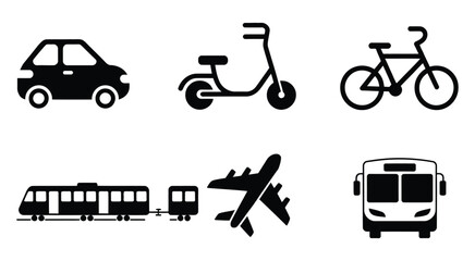 Fototapeta premium Transportation icons showcase a travel adventure, including car, scooter, bicycle, train, and airplane symbols