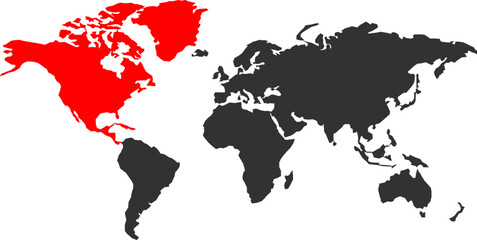 A world map graphic with North America prominently colored in red, contrasting with the rest of the globe in gray © M-KOS