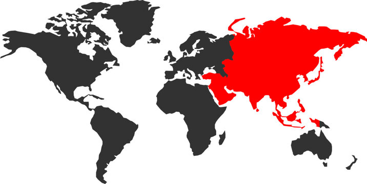 A world map graphic with the continent of Asia prominently highlighted in red against a dark gray background, emphasizing its geographical presence