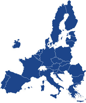 A political map displaying the member states of the European Union in a solid blue color with white borders against a black background