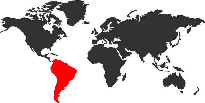 A world map graphic with South America prominently highlighted in red against a dark gray background, emphasizing its geographical location