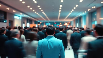 Naklejka premium Business professionals attending corporate conference in modern auditorium with warm lighting and networking atmosphere