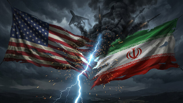 large scale war scene between usa and iran with torn national flags divided by electric discharge against combat aviation rocket launches and dark sky