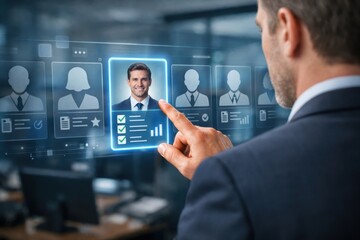 Fototapeta premium Human resources executive analyzing candidate skills and checklist on futuristic holographic display