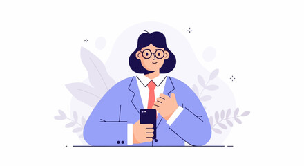 Professional woman in a suit and tie holding a smartphone, looking at the viewer