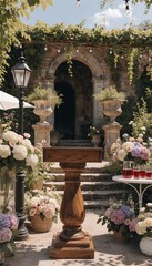 Obraz premium an empty wooden podium with a backdrop of a summer garden party.