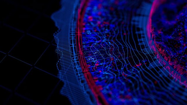 Close up of Big Data complex round graph animation. Quantum computing universe. Cyber space of AI technology. Futuristic graph. Digital information presentation.