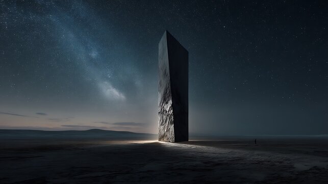 🌌 Ancient monolith standing alone on empty cosmic plain, stars stretching across horizon, minimalist surreal sci-fi, 