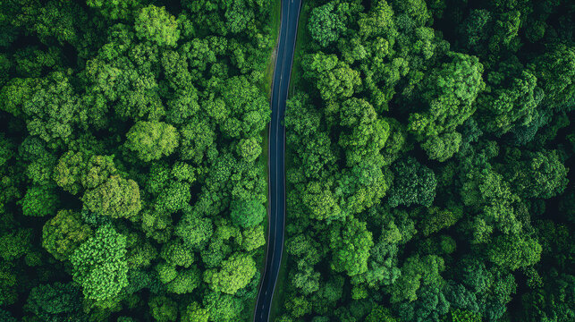 An aerial perspective shows a straight dark road dividing a lush green forest, captured from a drone's view looking directly down.