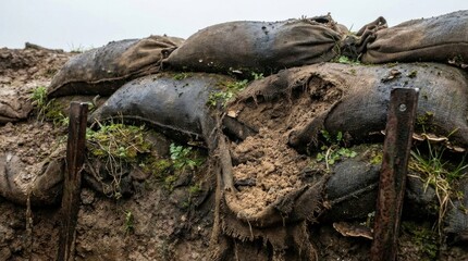 Obraz premium Decaying and weathered sandbags forming a crumbling defensive barrier with visible soil and vegetation, showing signs of age and erosion.