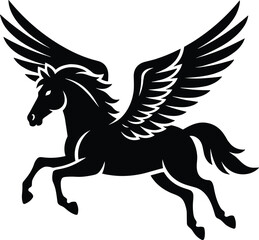 Fototapeta premium Black Pegasus Silhouette Vector Graphic Illustrating a Mythical Flying Winged Horse in Motion Isolated on White Background for Fantasy Legends and Majestic Animal Designs