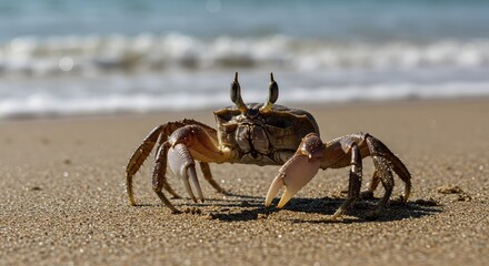 Detailed macro photograph capturing a large aquatic arthropod, a hard-shelled crab, navigating rough wet terrain along the sandy shore near the ocean ,detail ,zoology ,shore