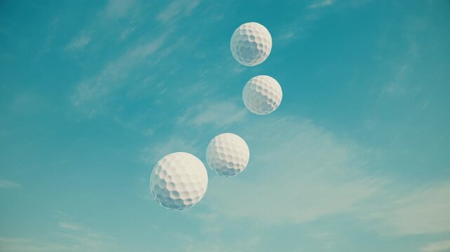 Golf balls thrown into blue sky background with large copy space alpha channel overlay for sports graphics advertising and motion design