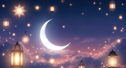 Naklejka premium Moonlit Night with Lanterns and Stars