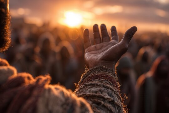 Jesus extends his hand to the crowd of parishioners