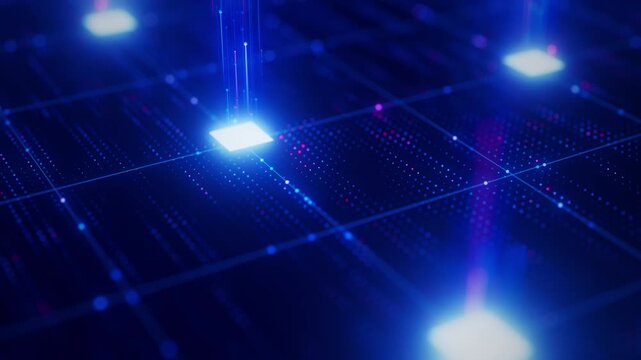 Pan over artificial intelligence microchip, central data processing unit on circuit board. Quantum computing core with data flow concept. Futuristic technology neural network processor.