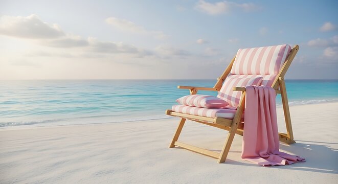 A pink and white striped beach chair sits on a white sandy beach