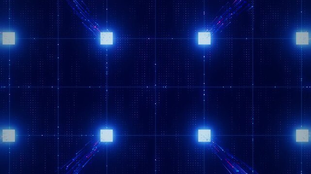 Pan over artificial intelligence microchip, central data processing unit on circuit board. Quantum computing core with data flow concept. Futuristic technology neural network processor.