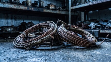 Heap of Oxidized Copper Wiring Coiled in an Industrial Storage Area