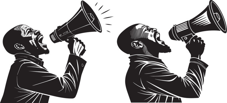 Man Shouting with Megaphone Vector Art &ndash; Powerful Protest and Announcement Illustration Set .