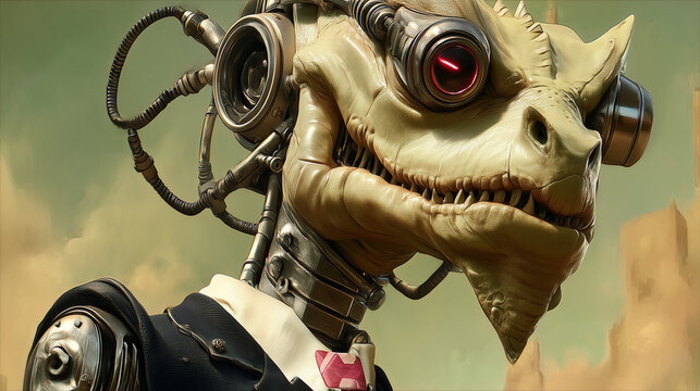 Closeup portrait of a cybernetic dinosaur humanoid with mechanical implants, glowing red eye, cables, and business suit in a futuristic dystopian setting.
