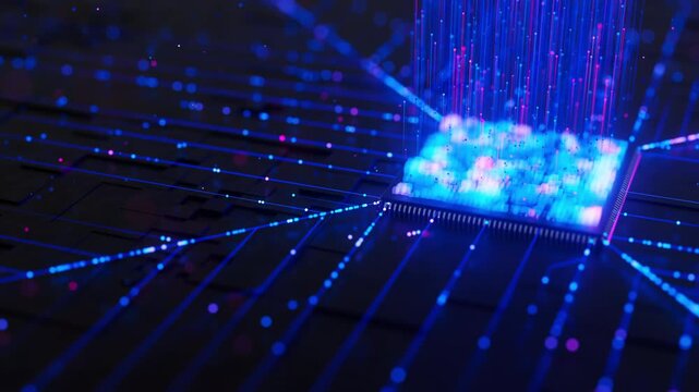 Artificial intelligence microchip, central data processing unit on circuit board. Quantum computing core with data flow into and logic operations. Futuristic technology neural network processor.