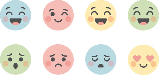 Fototapeta premium Emoji faces illustration set, colorful pastel circle icons, emotional expressions, joy laughter, sadness crying, love affection, surprise shock, playful wink
