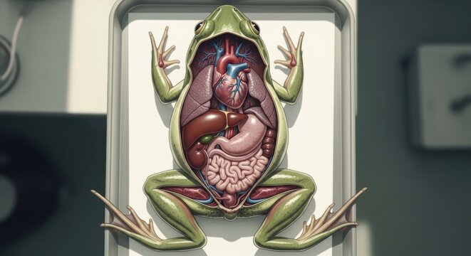 Dissected frog revealing internal organs, lying on a tray, laboratory setting