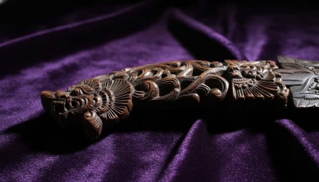 Intricately carved wooden kris dagger hilt with ornate details on a textured purple surface