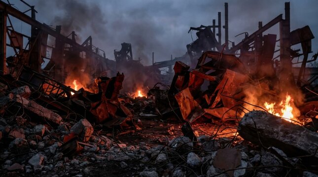 Scene of Intense Destruction with Raging Fires Amidst Collapsed Structures and Debris