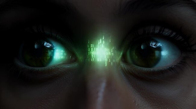 Close up of human eyes reflecting binary code, artificial intelligence theme