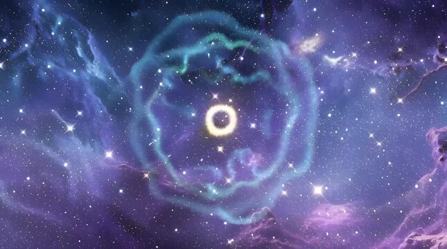 Animated cosmic energy surrounding a central luminous mass in deep space