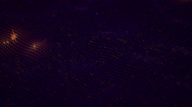 Futuristic blue orange technology point wave motion with glowing data points. Digital AI cyberspace concept. Abstract digital wave with moving dots. Big data flow analysis animation.