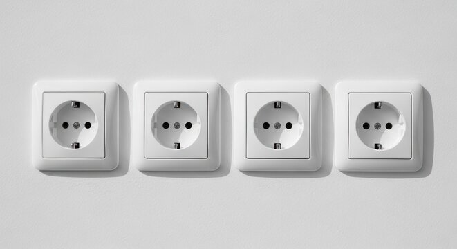 Four identical white wall outlets, arranged in a row, face forward