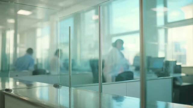 Fixed cubicle vaccination spot focused on healthcare worker sanitizing the space partition edges softly blurred to emphasize cleanliness.