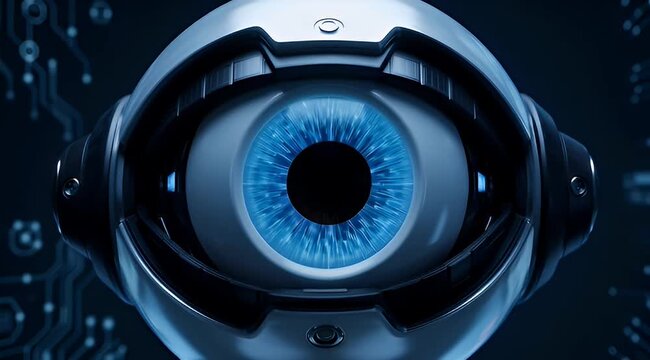 A detailed view of a futuristic robotic eye with blue iris