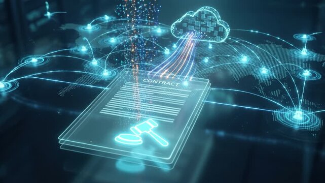 Digital contract document gavel and smart contract document hologram with cloud network connections transmitting encrypted data streams, legal blockchain document and digital signature validation