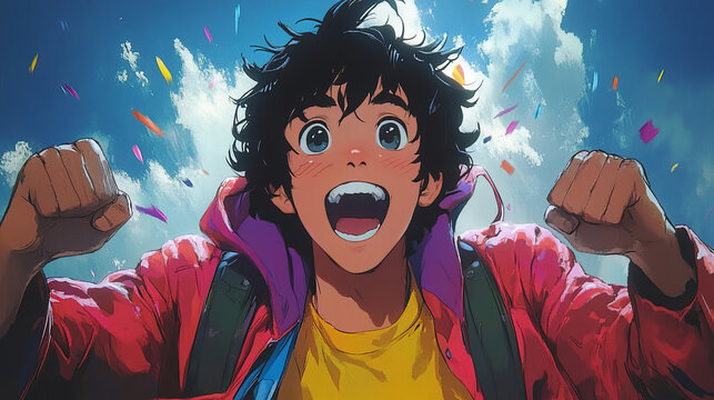 High-energy anime illustration of a joyful boy with messy dark hair cheering under a blue sky with colorful confetti and sunlight.