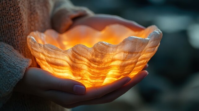 Woman holding glowing alabaster bowl outdoors, night