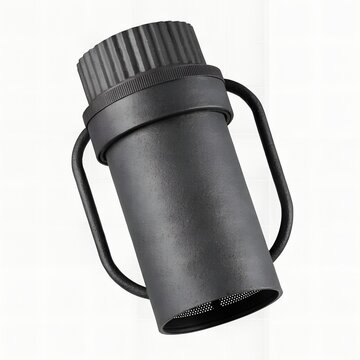 A sleek black monocular with a textured grip and carrying handle is displayed against a white background