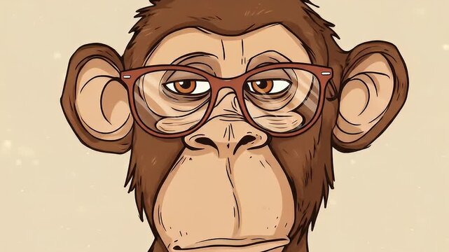 Cartoon-style monkey wearing red glasses, brown fur, and a beige background color