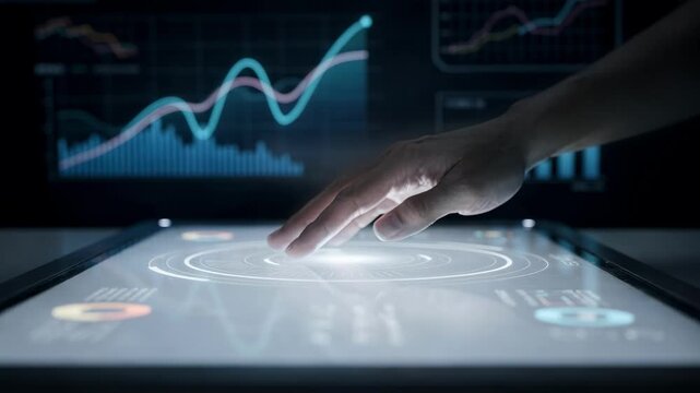 Medium shot of a hand hovering over a futuristic touch panel controlling rollback features with outoffocus digital graphs symbolizing restored data states.