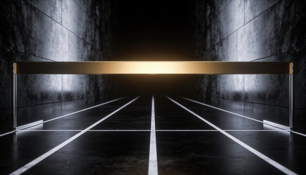 Race Barrier Gateway: A luminous gateway glows at the end of a stark pathway, flanked by parallel lines, invoking concepts of competition and achievement.