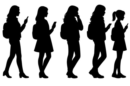 Group of diverse women using smartphones walking together in flat design minimalist style