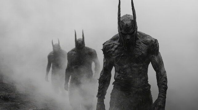 Three menacing, horned creatures emerge from a dense, atmospheric fog in a grayscale scene
