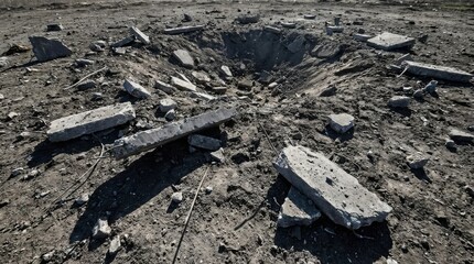 A deep, jagged crater filled with fragmented concrete rubble and debris in a devastated outdoor landscape