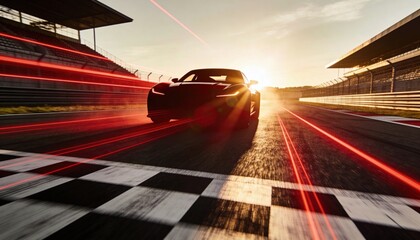 Speed and Victory: A sleek race car streaks across the finish line at a thrilling race, capturing the adrenaline of the sport