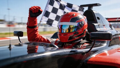 Fototapeta premium Triumphant Race Driver: A racing driver celebrates victory on the track, the checkered flag held high as the embodiment of speed and skill.