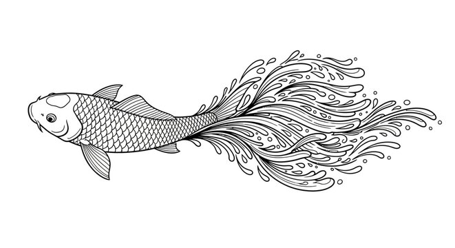 Elegant Koi Fish Illustration with Flowing Water Tail - Black and White Line Art